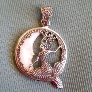 BALI GODDESS CARVED BONE MOON AND STERLING SILVER MERMAID PENDANT